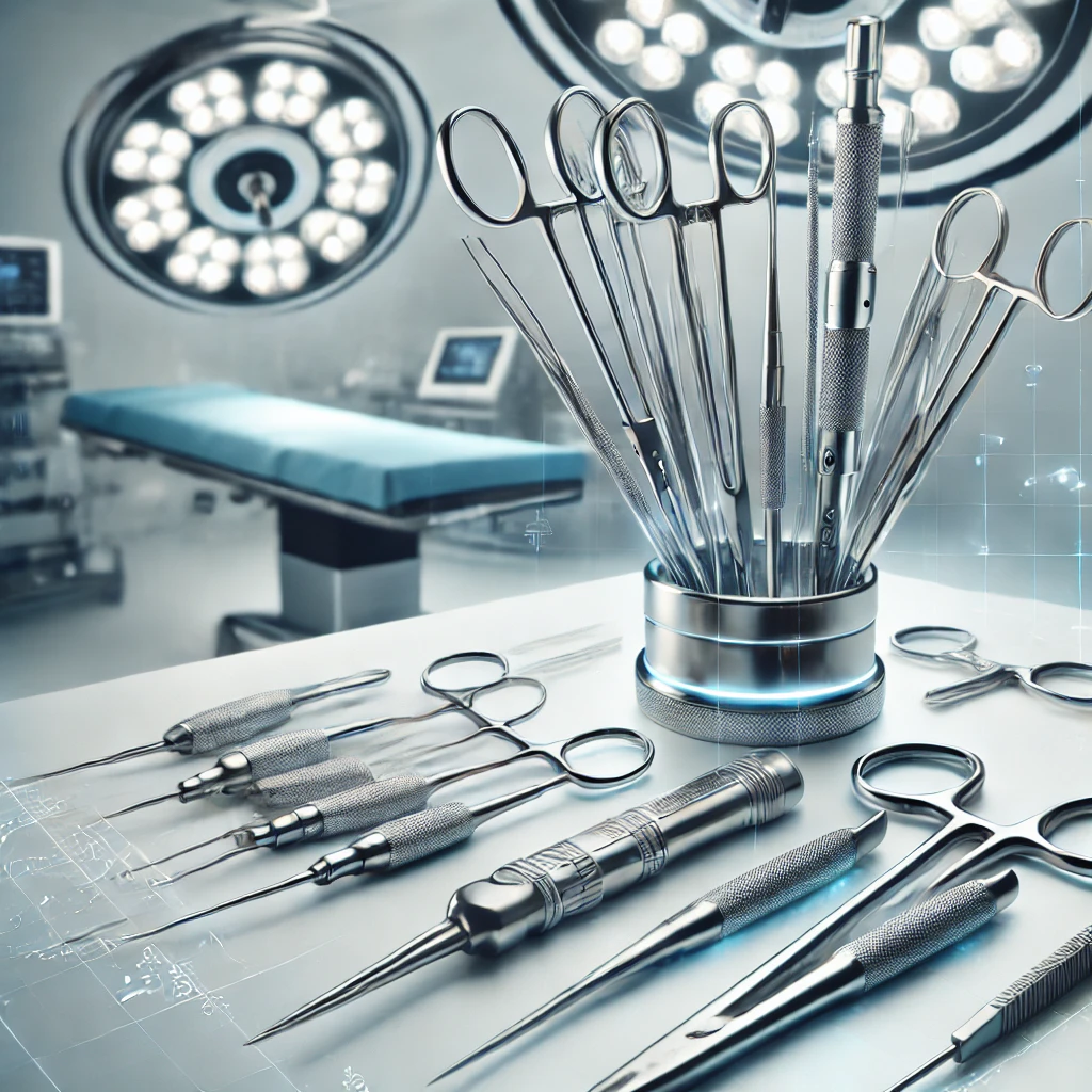 A high-tech, futuristic medical operating room with a focus on minimally invasive surgery. The image should show a close-up of precision custom surgical instruments such as needles, forceps, and catheters, all designed for use in minimally invasive procedures. The tools should be sleek, modern, and finely crafted, highlighting the advanced technology and custom design used in medical procedures. Background should be clean and sterile, with soft lighting to convey a professional medical atmosphere. The image should emphasize precision, innovation, and surgical excellence.